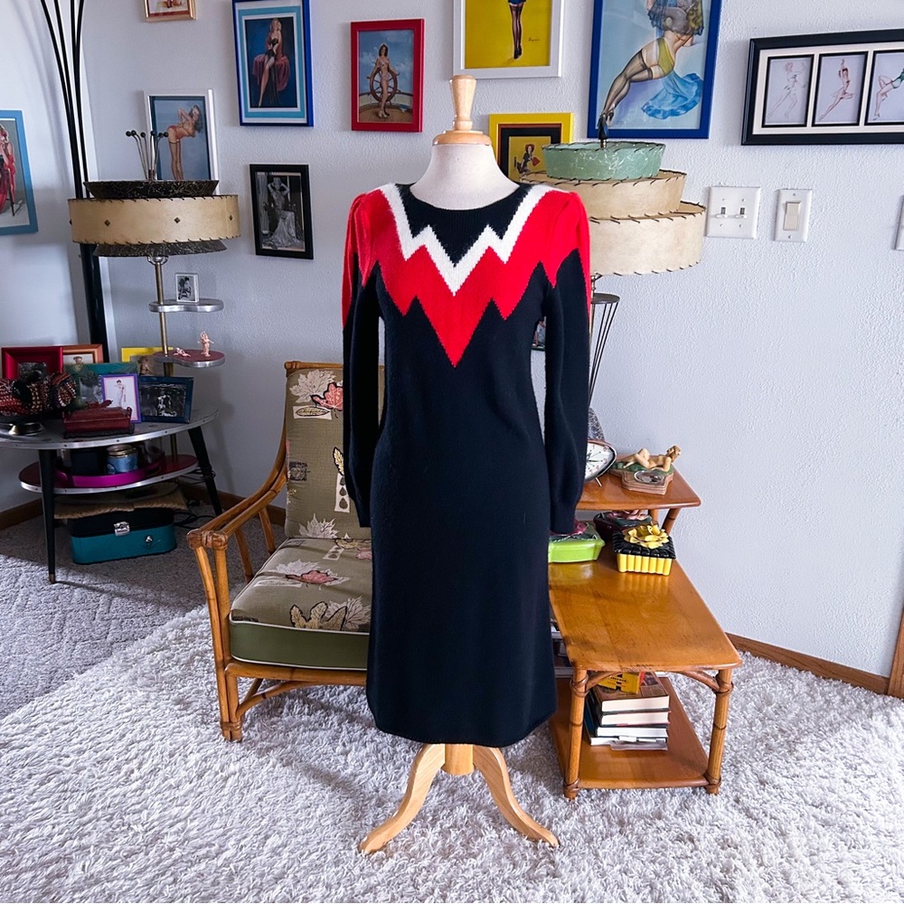 SOLD Vintage 1940s Style Dress Sweater Knit Black Red M L Pinup 40s 80s - Picture 1 of 5
